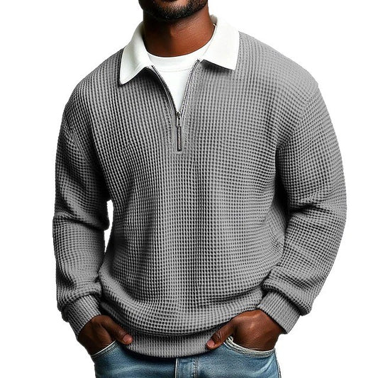 Men's Solid-Color Waffle-Weave Long-Sleeve Lapel Zip-Up Business Polo Shirt Spring Fall Zipper T-shirts Tops For Daily Wear