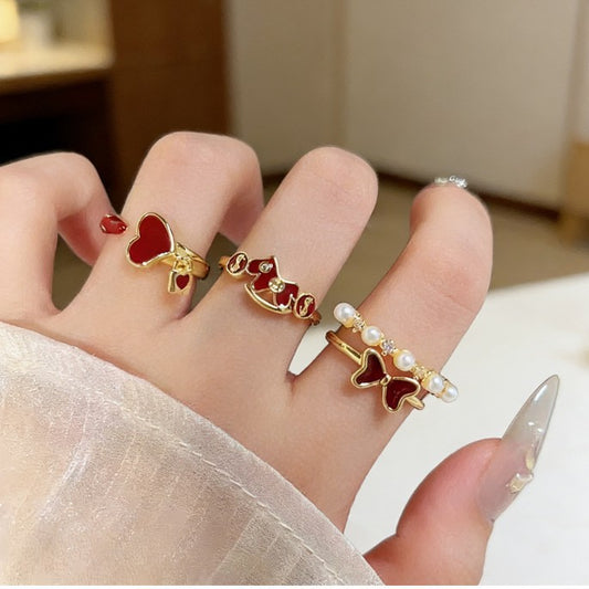 2026 Horse Year Lucky Ring For Women Light Luxury Retro Bow Open Design Red Zodiac Year Limited Edition