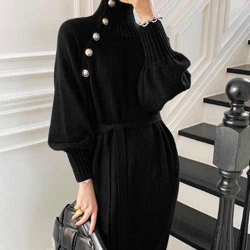 Loose-Fitting Slimming Knit Dress With Waistband