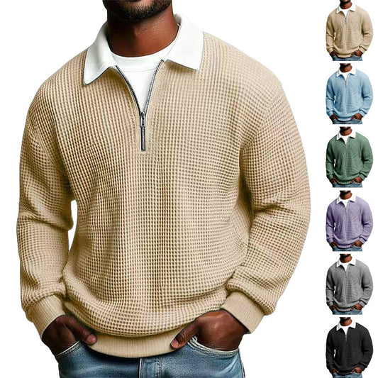 Men's Solid-Color Waffle-Weave Long-Sleeve Lapel Zip-Up Business Polo Shirt Spring Fall Zipper T-shirts Tops For Daily Wear