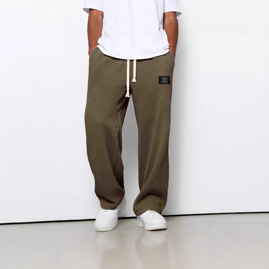 Waffle Straight Pants Fashion Brand Loose Drawstring Pockets Trousers Casual Men's Clothing