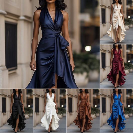 Elegant Deep V-neck Irregular Women's Ruffled Ruffled Evening Dress Gowns Solid Color Lace-up High Waist Satin Party Dresses Wedding Guests Dress