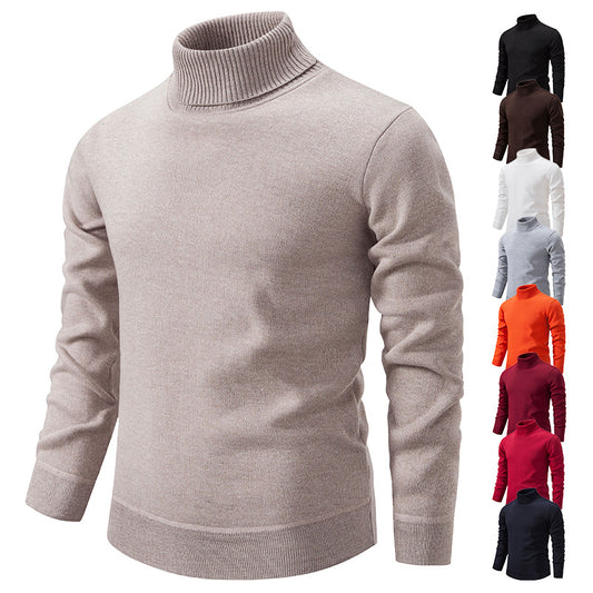 Men's Turtleneck Pullover Sweater Fashion Solid Colour Fleece Lined Knitted Long-sleeved Top Clothing