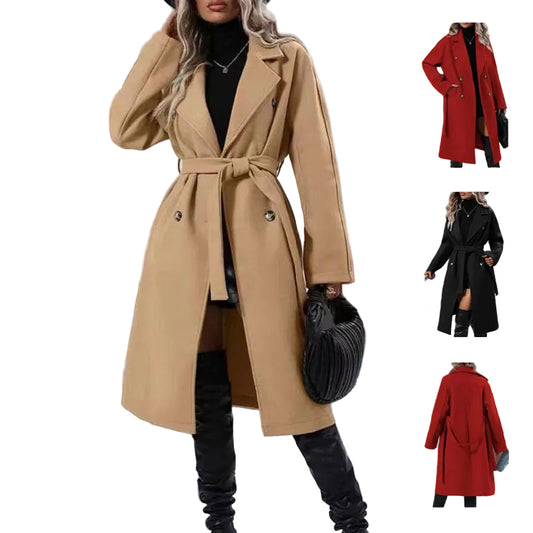 Lapel Double-breasted Trench Coat With Belt Winter Fashion Solid Color Long Jacket Outwear Women Clothing